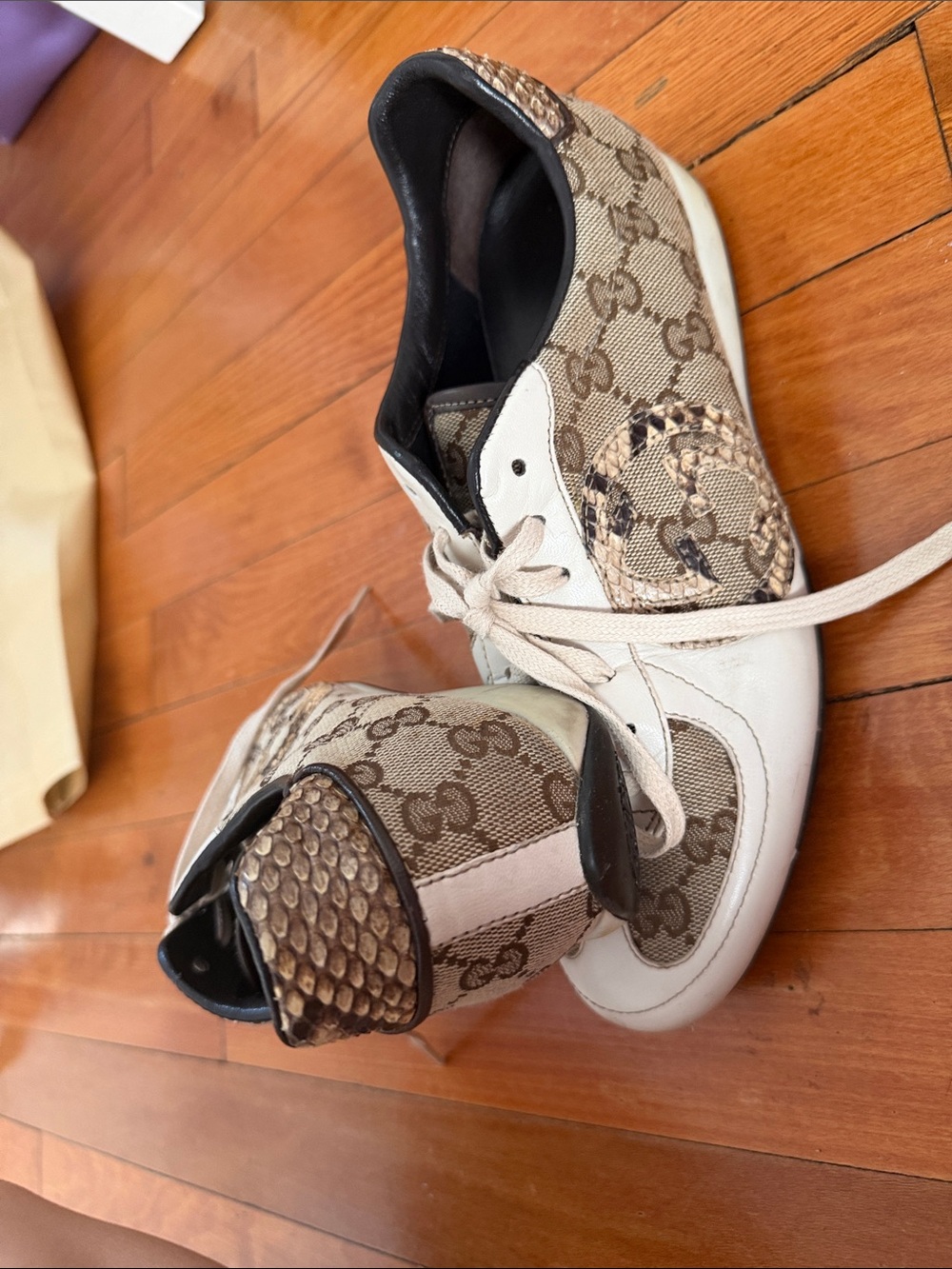 Gucci Beige & Brown Monogram Lace-Up Sneakers - Picture 2 of 3